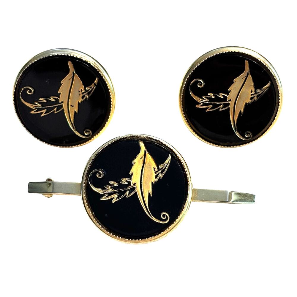 Vintage Creation House jewelry set men's cufflinks & pin black enamel gold leaf